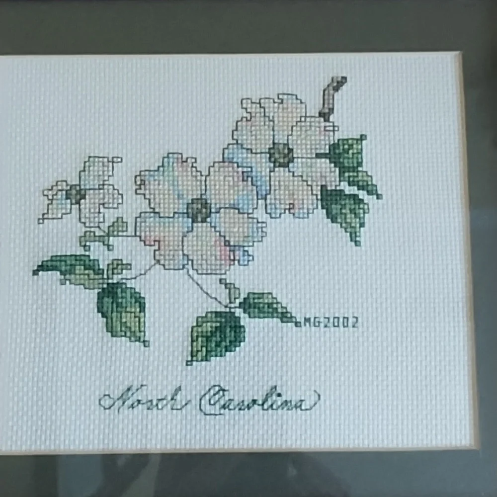 Vintage Handcrafted North Carolina Dogwood Cross Stitch Framed Art